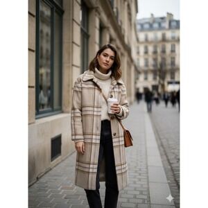 Womens Neutral Plaid Wool Blend Longline coat Academia Parisian chic preppy S